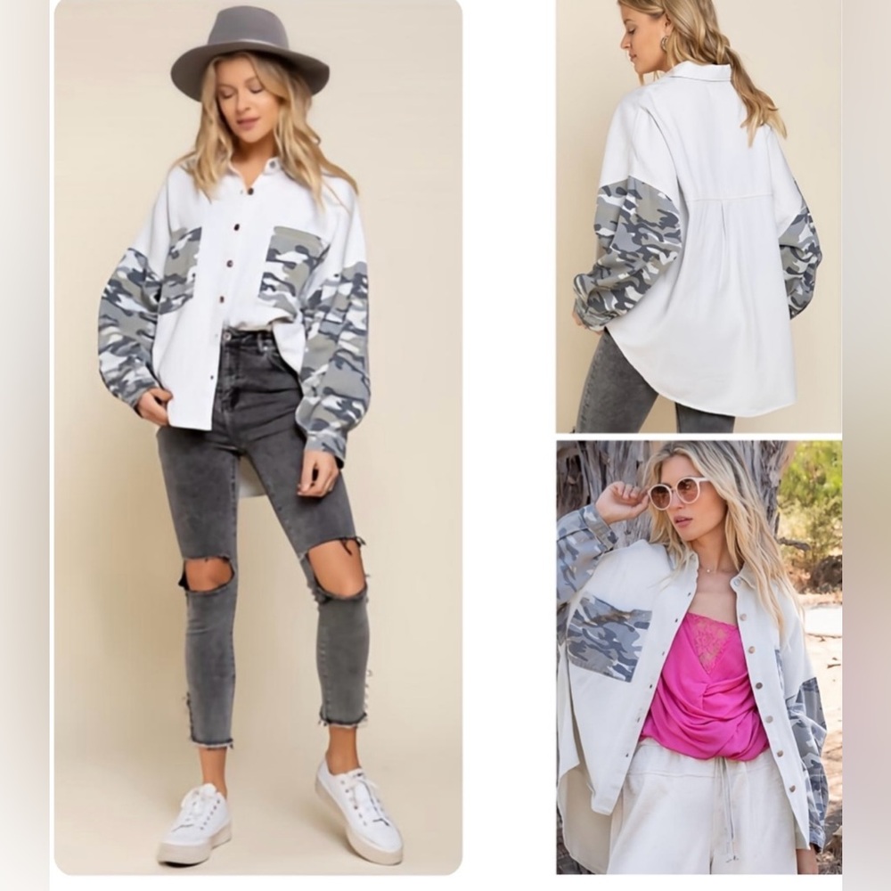 NEW POL Twill Off White Oversized Button Gray Camo Sleeve Shacket Size Small